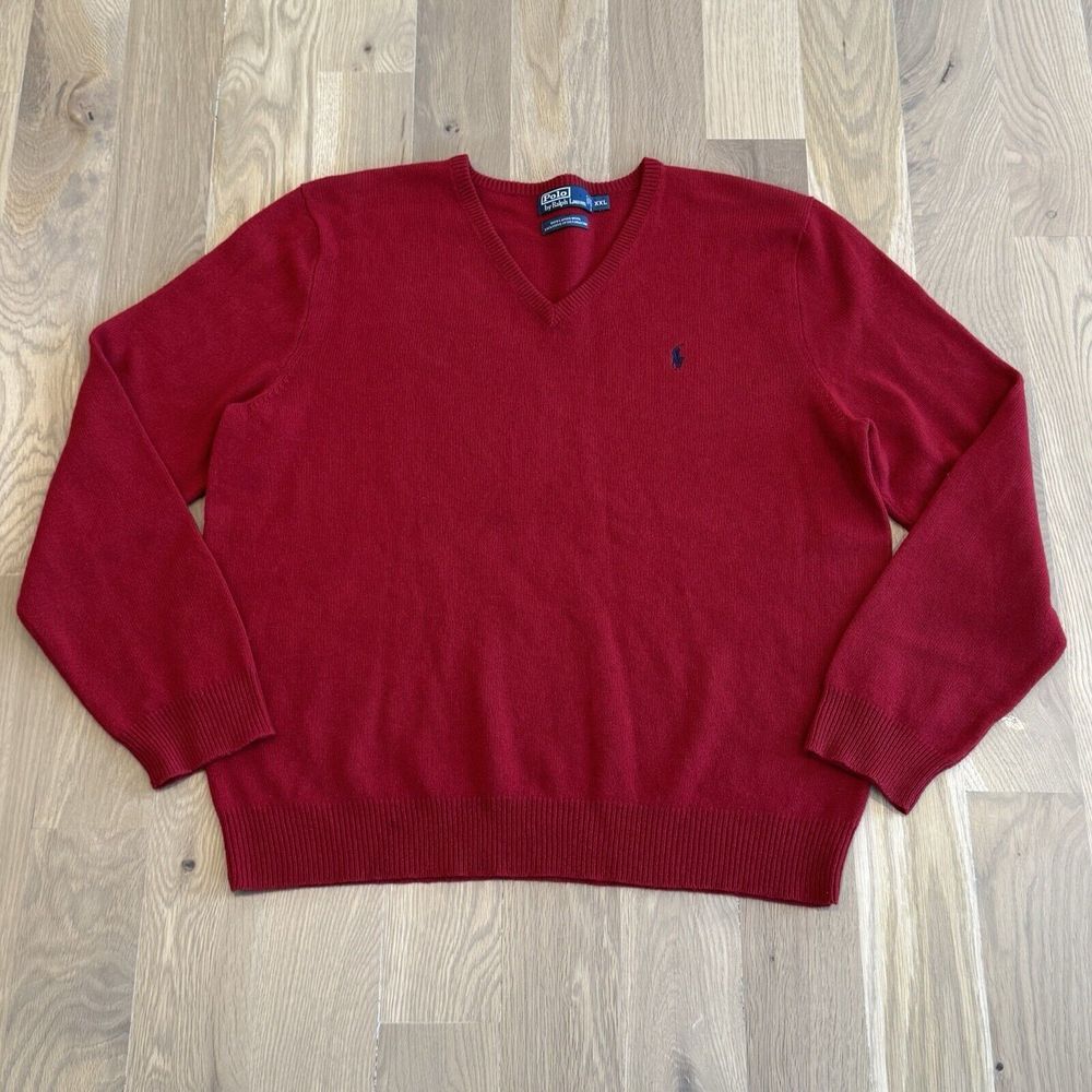 Vintage Polo Ralph Lauren Lambs Wool V Neck Sweater‎ Mens 2XL Red Navy Pony